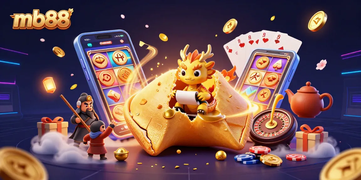 Win exciting rewards at mb88 with a vibrant scene of slot games and fortune elements.