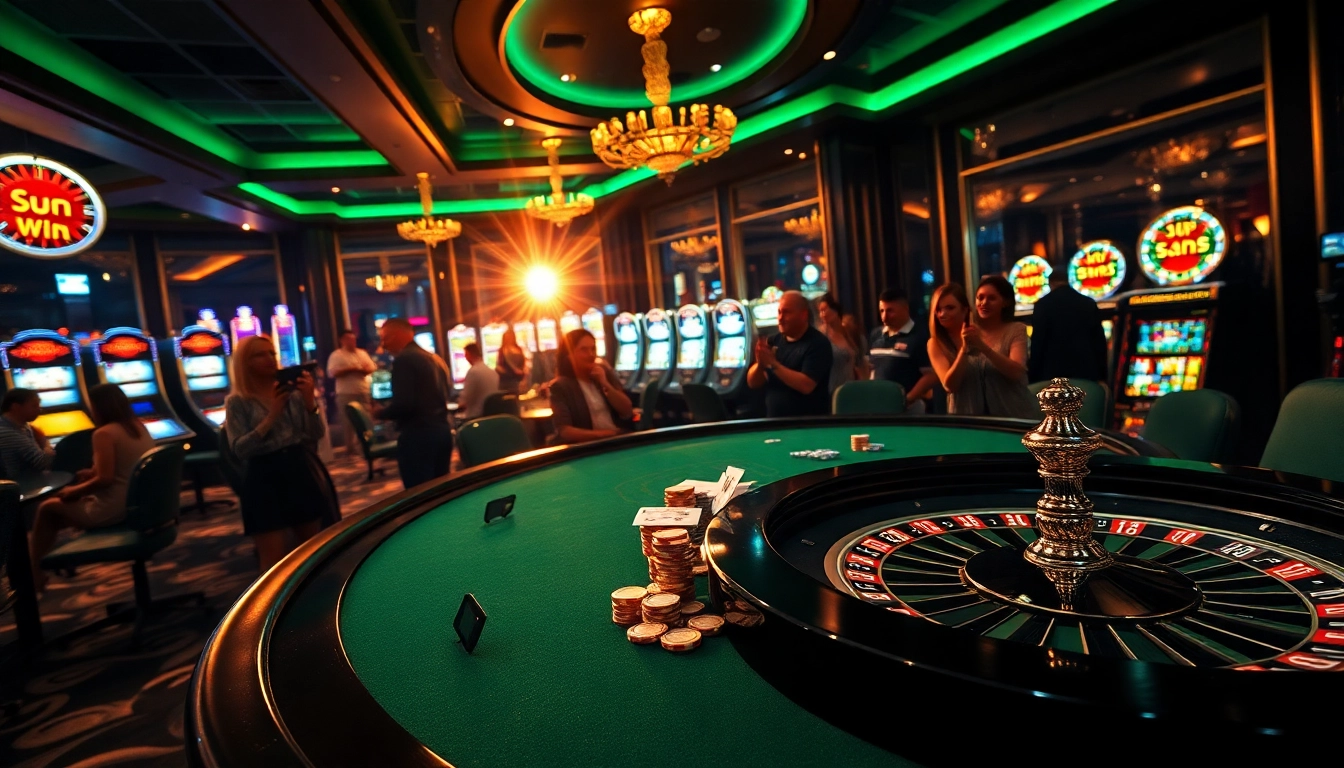 Players enjoying high-stakes poker at a luxurious casino while hoping for a sun win.