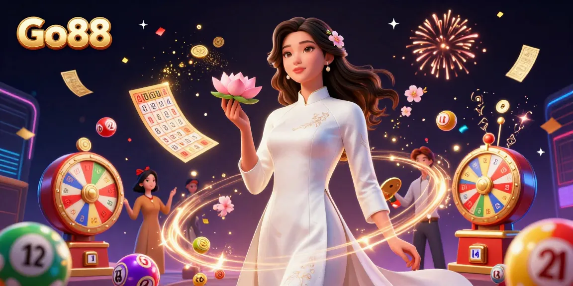 Engage with Go88’s vibrant casino world featuring a traditional Vietnamese woman amidst celebratory game elements.