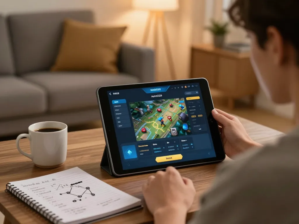 Player using the Hytw3339 mobile app on tablet while cozy at home with strategic notes and warm lighting.