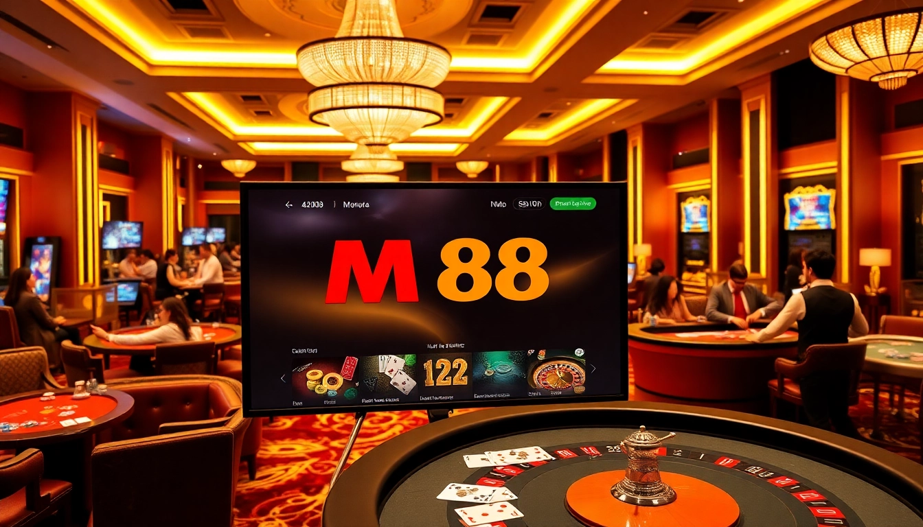 Play exciting games at the M88 casino, where vibrant chips and cards create thrilling wins.