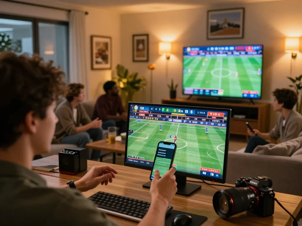 mb66 betting excitement as person places wagers in a modern living room with sports screens
