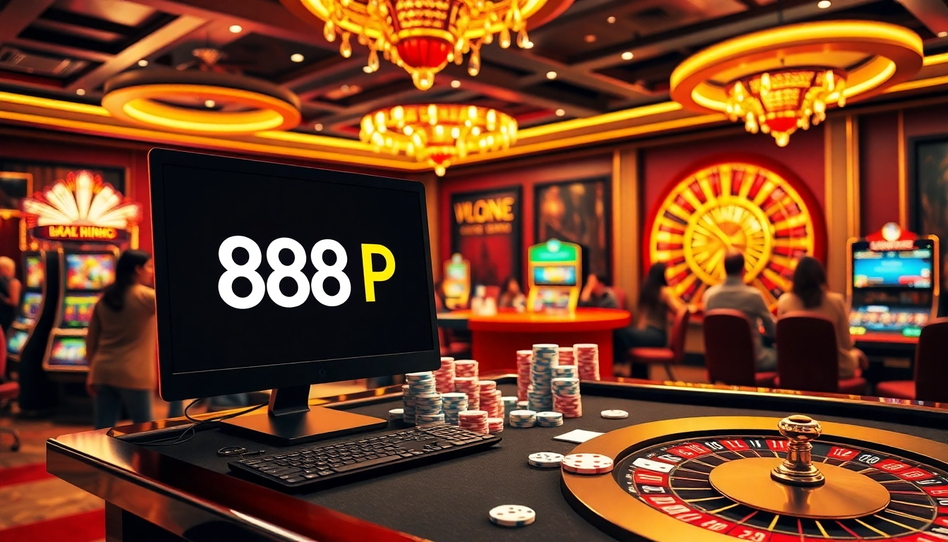 A vibrant casino scene highlighting the exciting gaming experience at Trang chủ 888P with players enjoying diverse gambling activities.