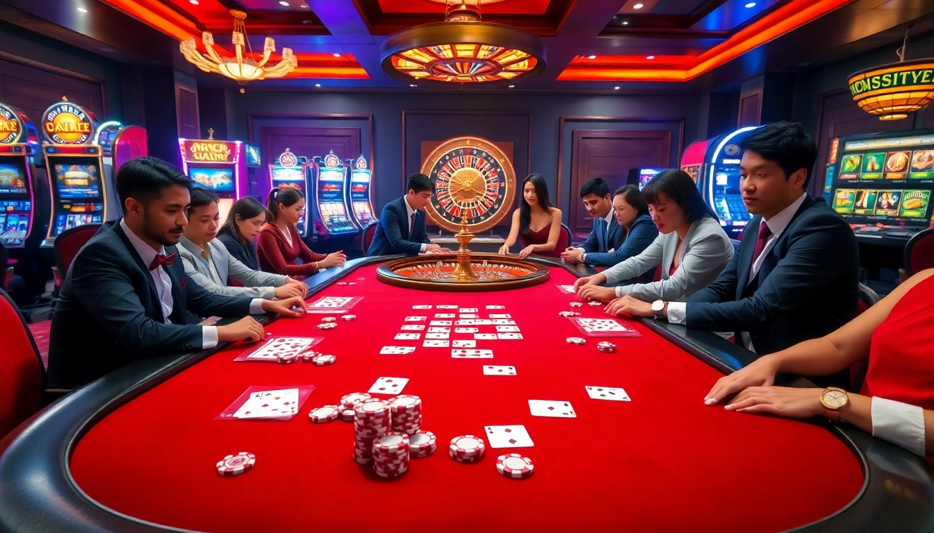 Engaging casino scene at vin88ac.com with players at a table, showcasing excitement and thrills.