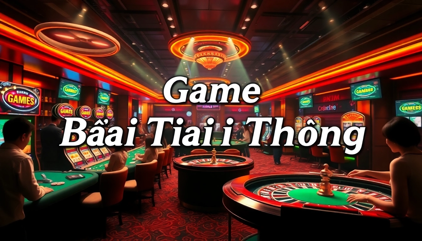 Experience the thrill of Game Bài Đổi Thưởng with vibrant casino games and players at poker tables.