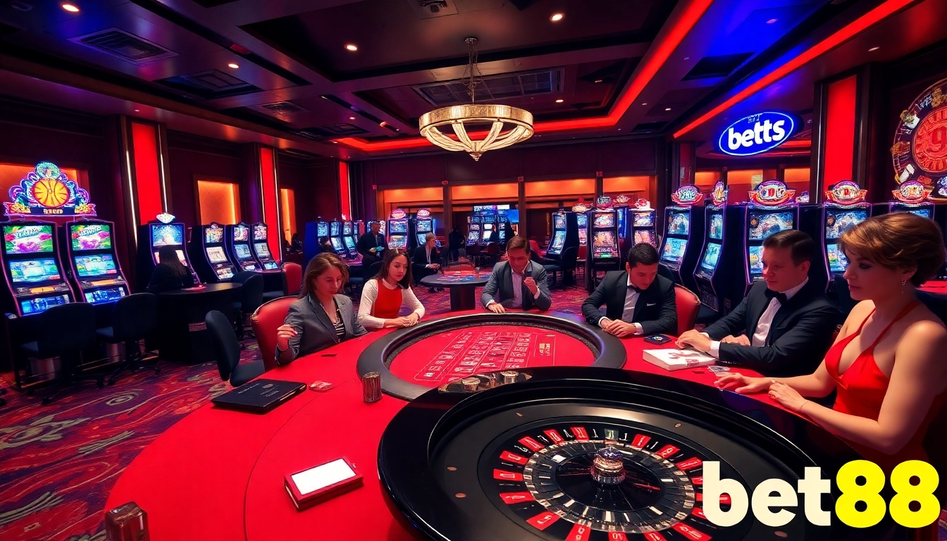 Bet88 offers an exciting casino experience with vibrant games and sleek tables in a luxurious setting.