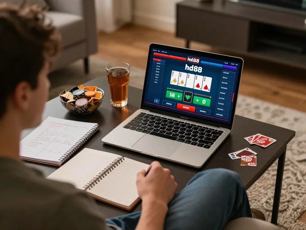 Player enjoying an online poker game on hd88 with strategic notes in a cozy home setting.