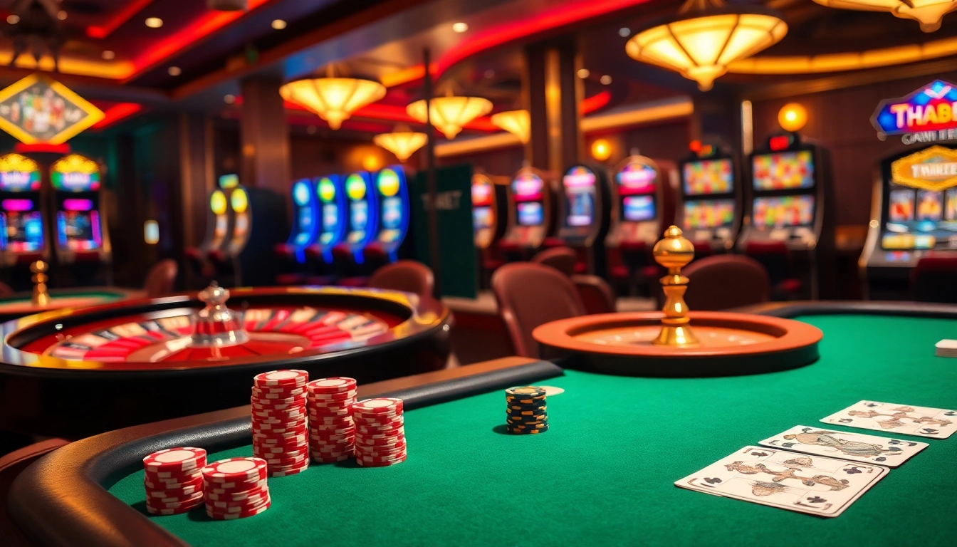 Experience thrilling gameplay at THABET, featuring vibrant poker tables and sparkling slot machines.