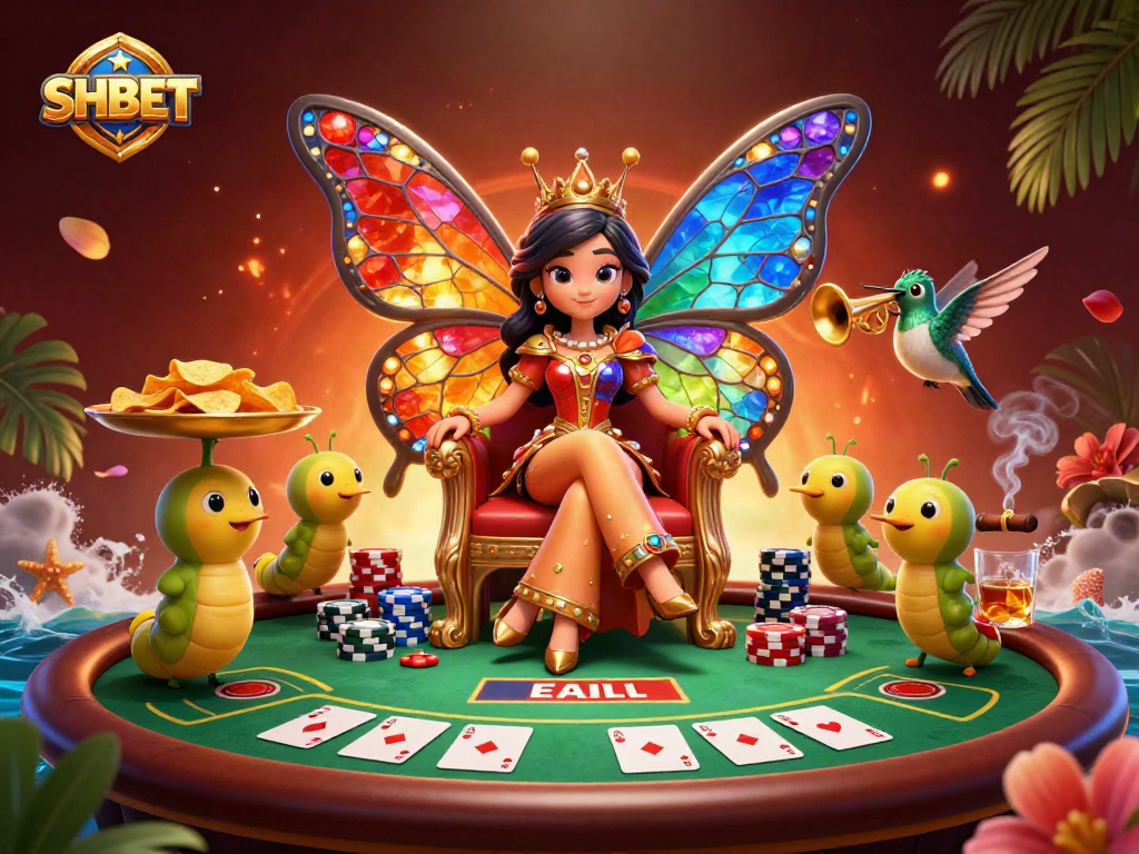 Experience exciting games at SHBET, featuring vibrant characters, poker elements, and a lively casino atmosphere.