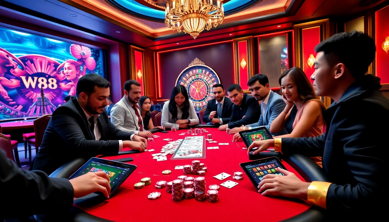 Experience high-stakes poker action at W88 with vibrant chips and professional ambiance.