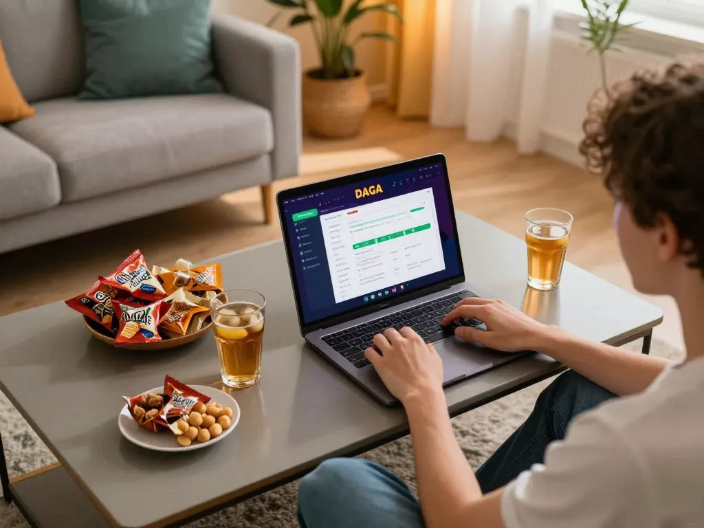 Engaging with DAGA's online betting interface during a cozy home gaming session, emphasizing strategy and responsibility.