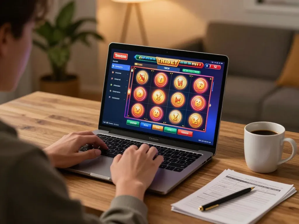 Thabet gaming experience with a vibrant online slot machine interface on a laptop, showcasing a player's engagement.