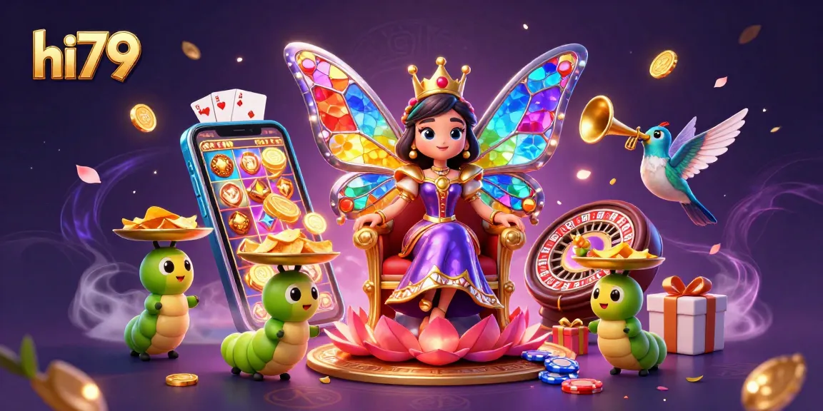 Join the excitement at hi79 with a vibrant 3D illustration showcasing a butterfly queen and thrilling casino elements.