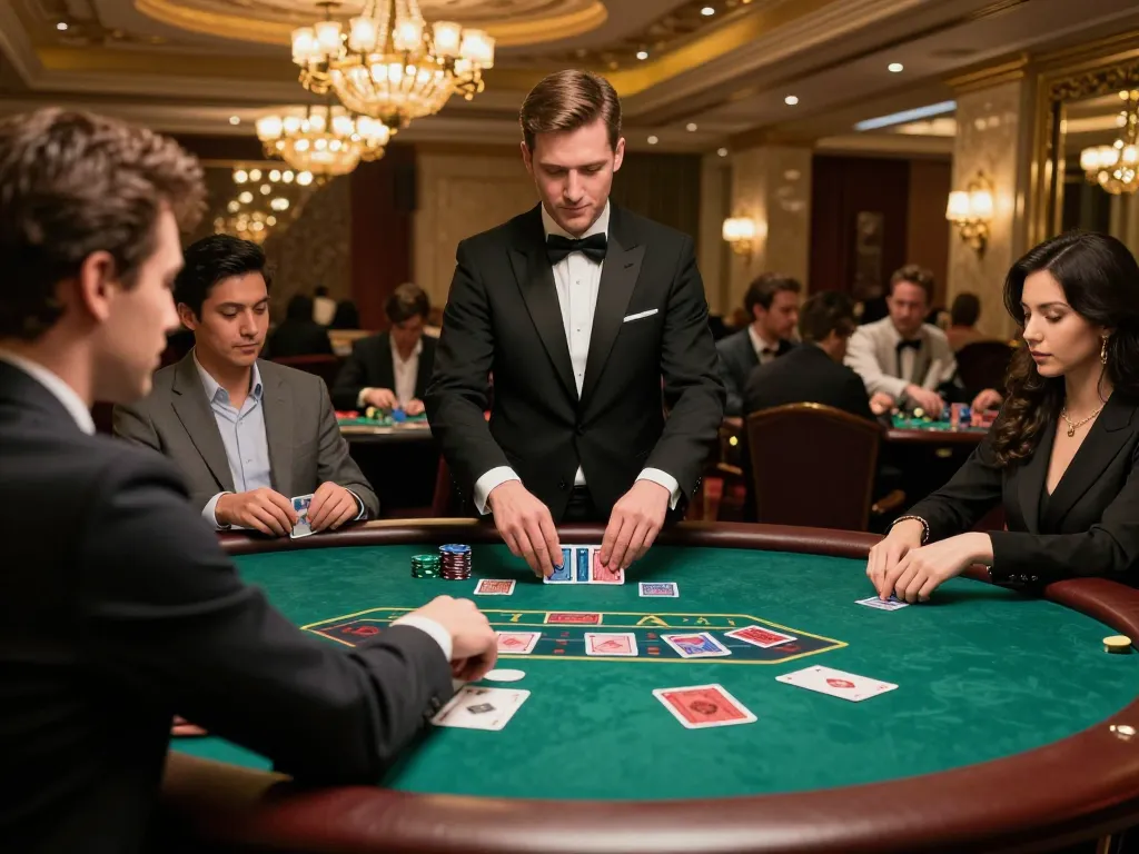 79KING players strategizing at a high-stakes blackjack table in a luxurious casino setting