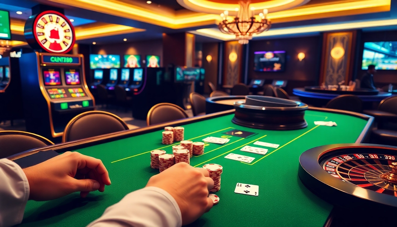 Players enjoy a vibrant casino experience at Good88, complete with poker chips and cards.