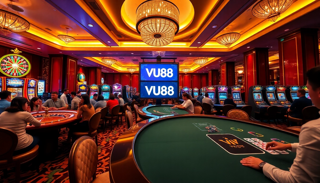 Exciting casino scene with players engaging in various games at VU88.
