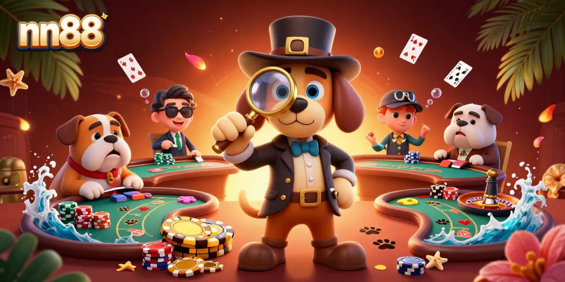 Experience the thrill of nn88 poker action with our cartoon detective and Watson companion discovering game clues.