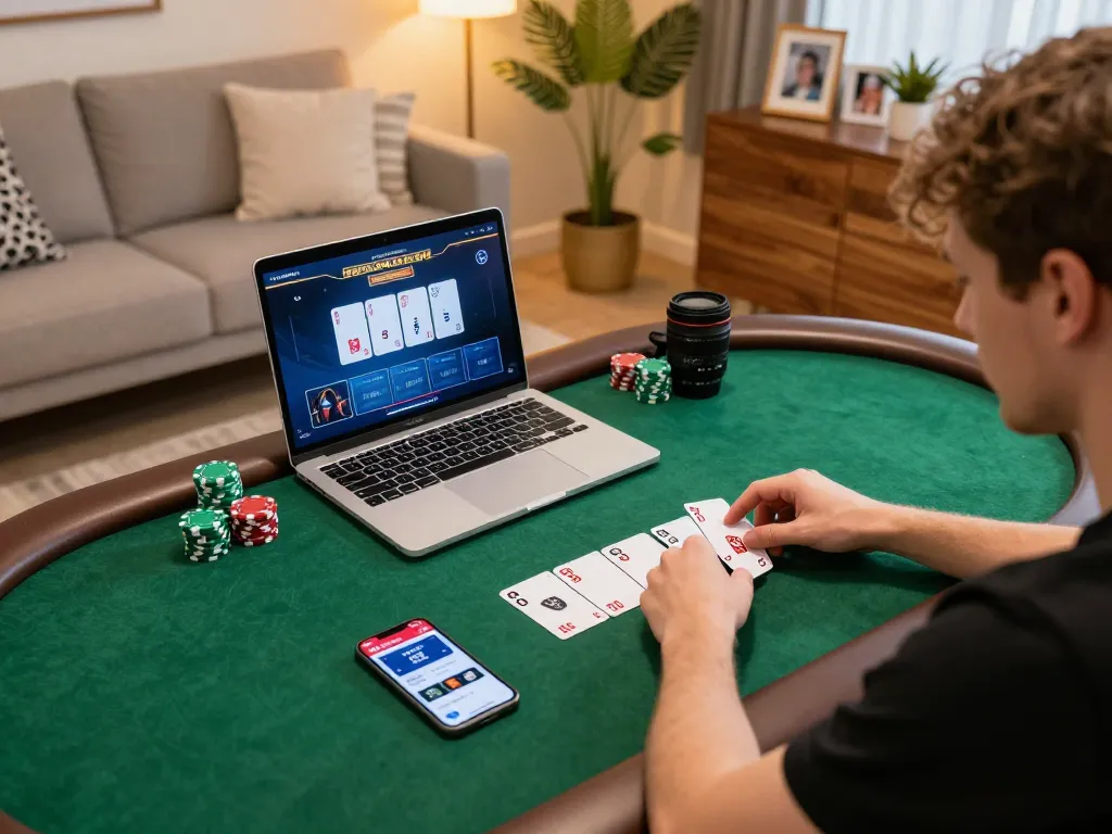 Player engaging in an online poker game on 789bet with warm home ambiance and lively atmosphere.