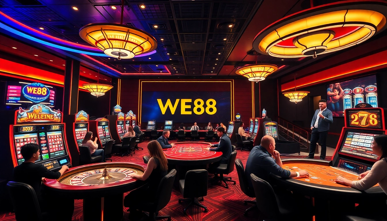 WE88 casino ambiance featuring vibrant tables and energetic player interactions for a thrilling experience.