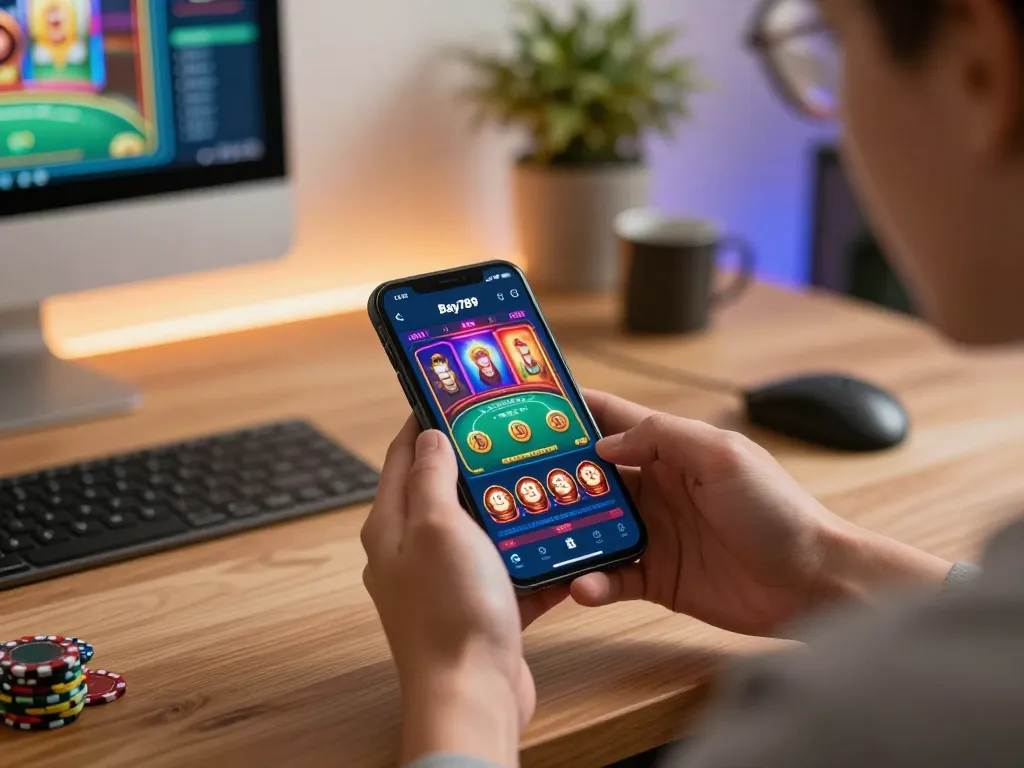 Player enjoying Bay789 mobile gaming on smartphone while seated at a stylish desk.