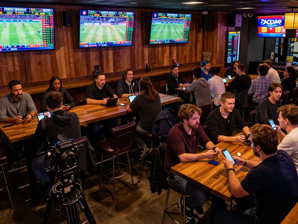 Fabet users engaged in live sports betting at a modern venue, screens showcasing odds and excitement