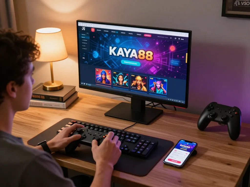 KAYA88 player engaged in live gaming with laptop and smartphone, showcasing online casino excitement.