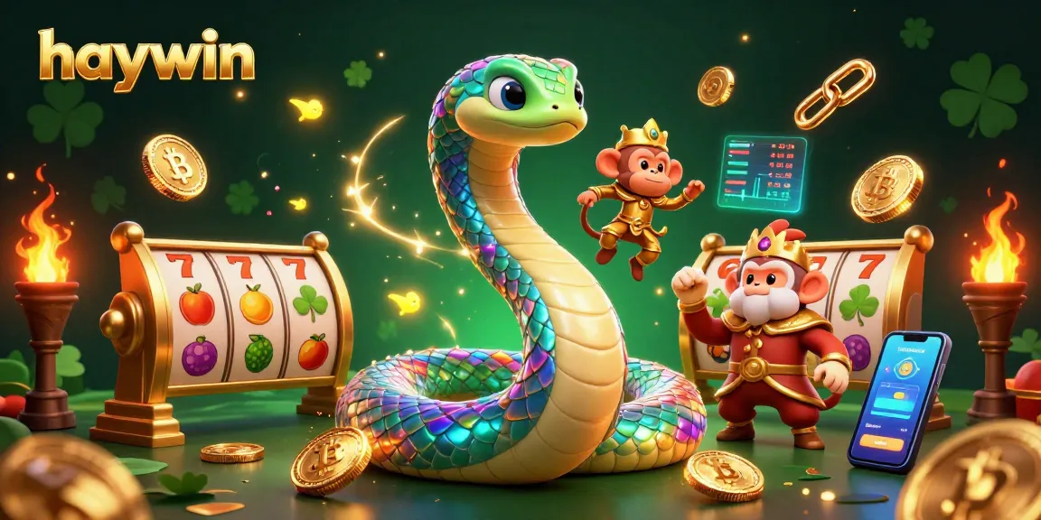 Experience the magical world of haywin with vibrant coins and a rainbow serpent in a lively casino scene.