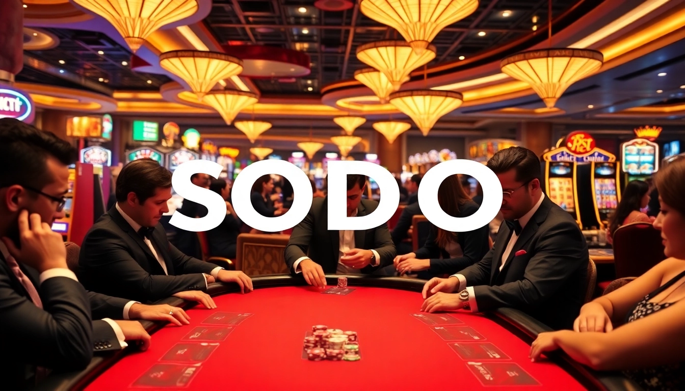 SODO casino scene showcasing high-stakes poker action with vibrant decor and professional gamblers.