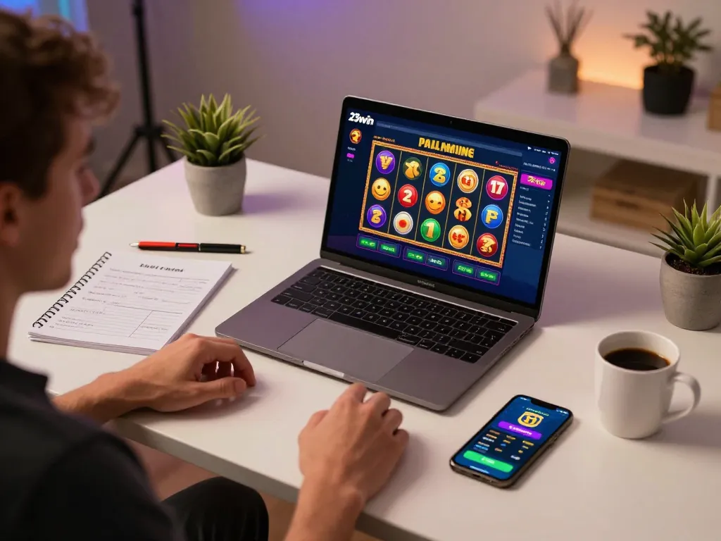 Player enjoying online casino gaming at 23win with vibrant interface and cozy setup.