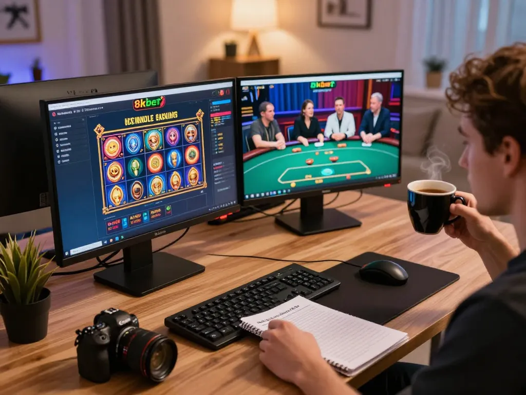 Engaging in online gaming on the 8xbet platform with strategic notes and colorful casino displays.