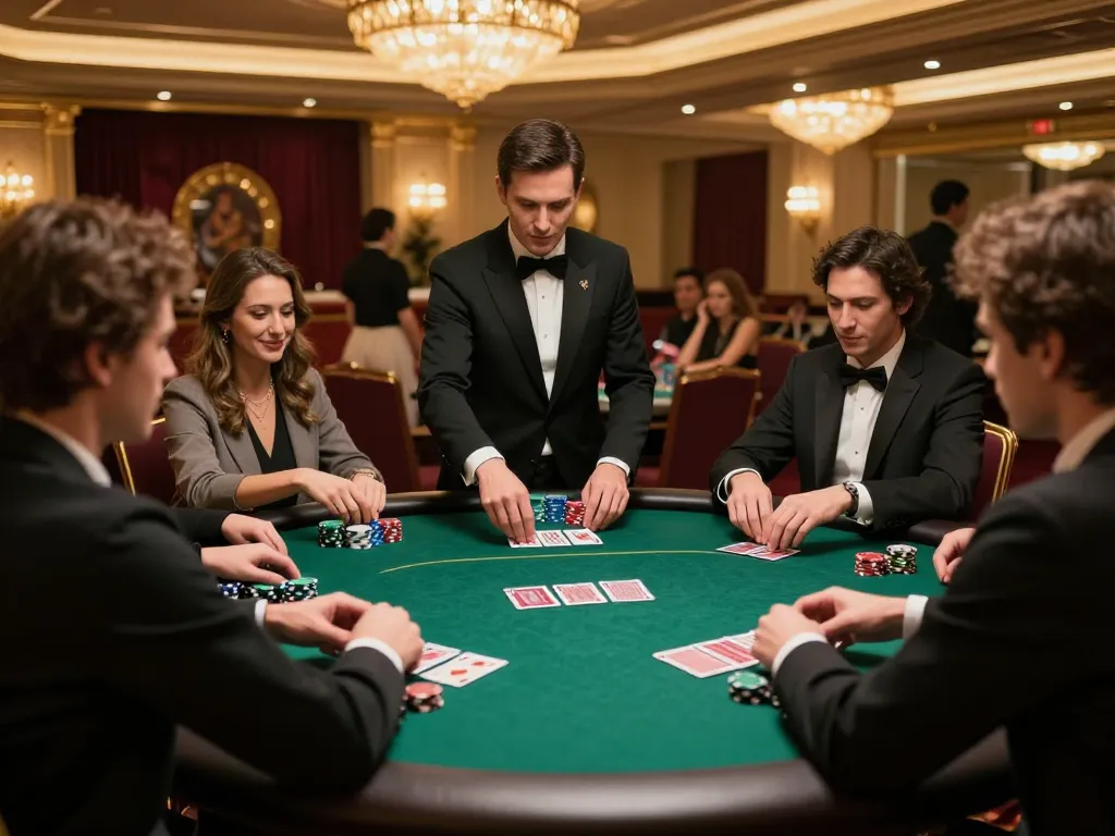 Players strategizing during a poker game at a luxury casino, illustrating keonhacai5’s engaging atmosphere.