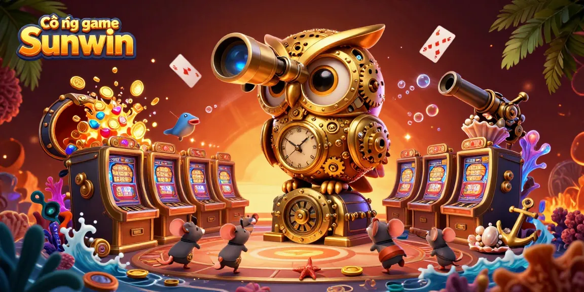 Cổng game Sunwin showcases a golden owl overlooking a vibrant casino scene filled with games, gold coins, and lively characters.