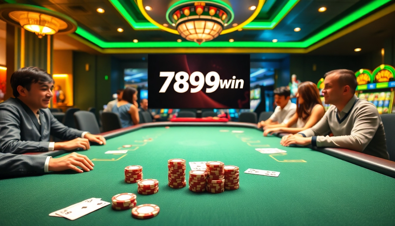 Players enjoying a thrilling game at 789win's luxurious poker table with vibrant casino elements.
