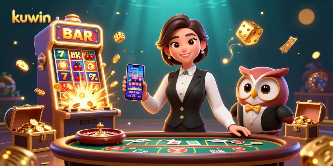 Kuwin's vibrant online casino scene showcasing a dealer, owl assistant, and exciting games.