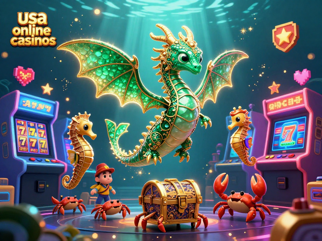 Immerse in the world of usa online casinos with vibrant slot elements and a mythical sea dragon.