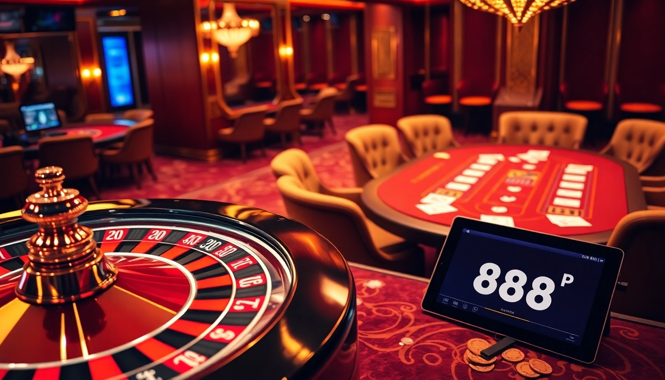 Experience the vibrant atmosphere of 888P with engaging casino games and poker chips.
