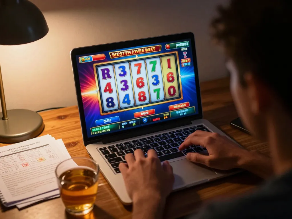 Player winning big on lc88 online slots, surrounded by strategy guides and warm ambient lighting.