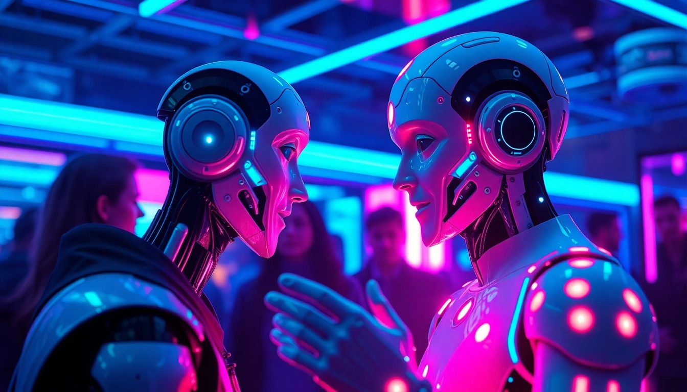 Engaging chat scene showcasing a humanoid AI character in a vibrant, digital environment focused on sex AI interactions.