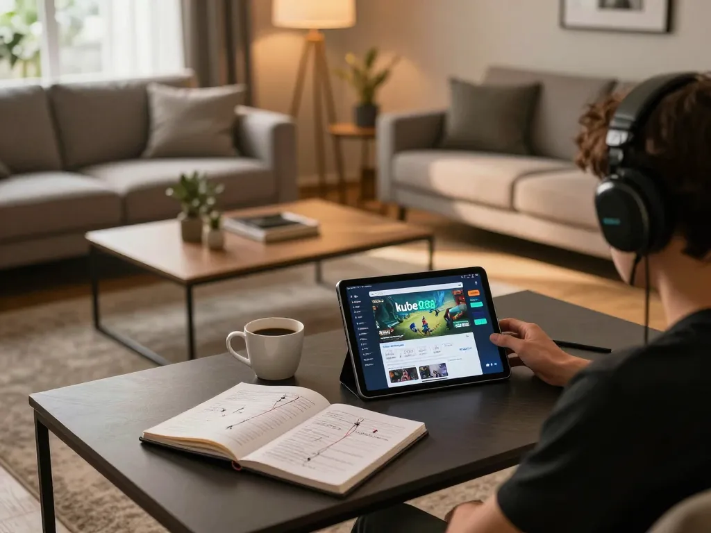 Engaging moment of a player exploring kubet88 online casino on tablet in a cozy living room setting