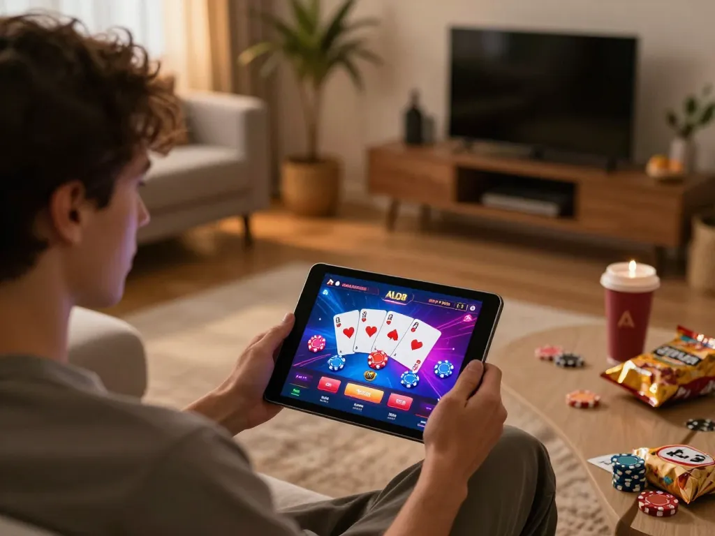 Player engaging with ALO8 platform on tablet at home, showcasing the online gaming experience.