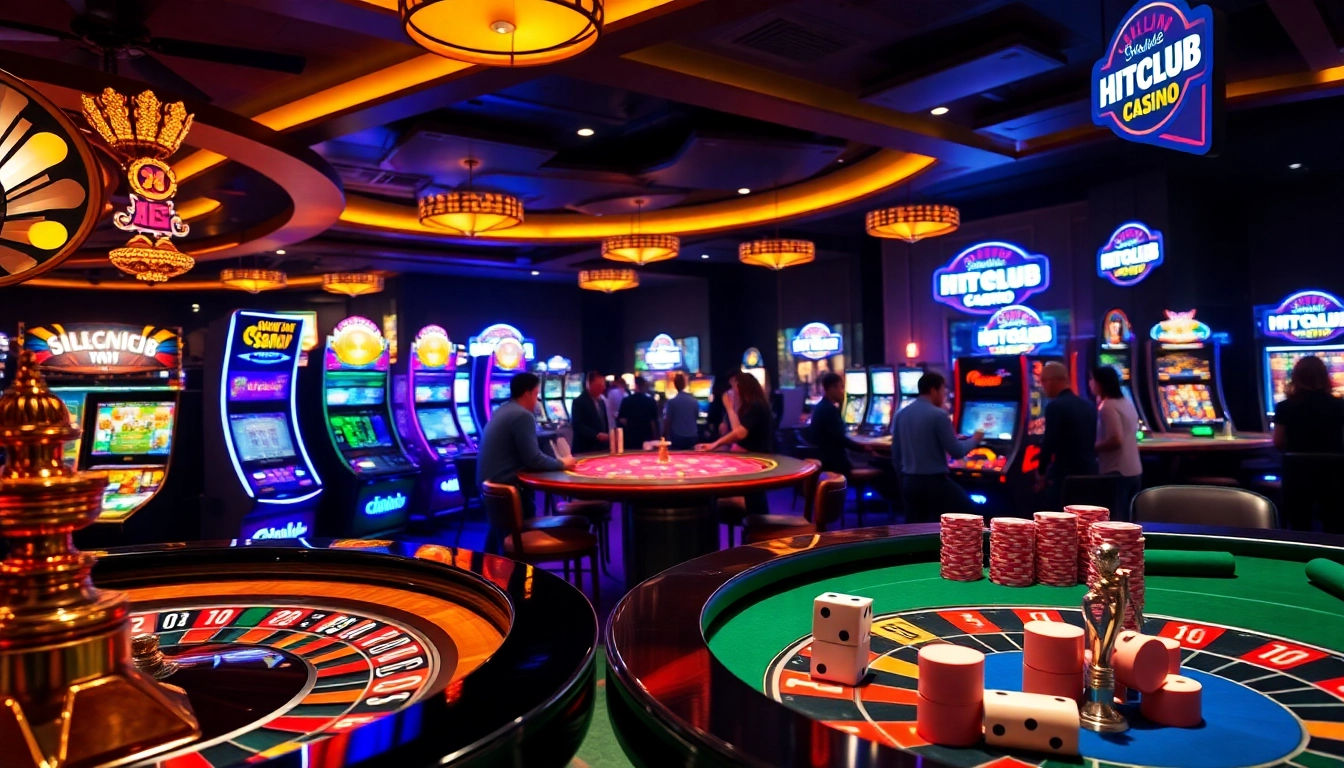 Exciting gaming scene at Hitclub, showcasing vibrant casino tables and players celebrating winnings.