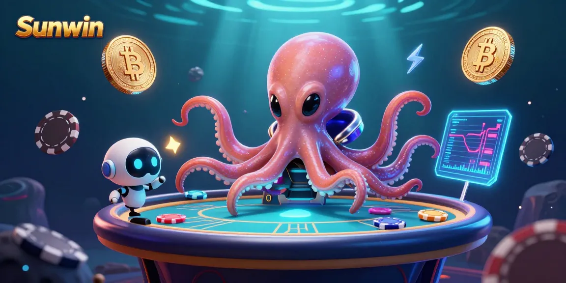 Sunwin octopus showcases a holographic poker table while orbiting glowing crypto coins.