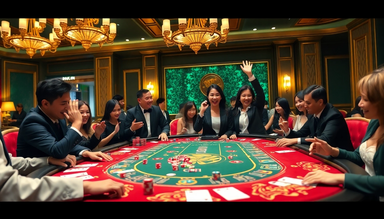Tài Xỉu MD5 players celebrate a winning moment at an upscale casino table.
