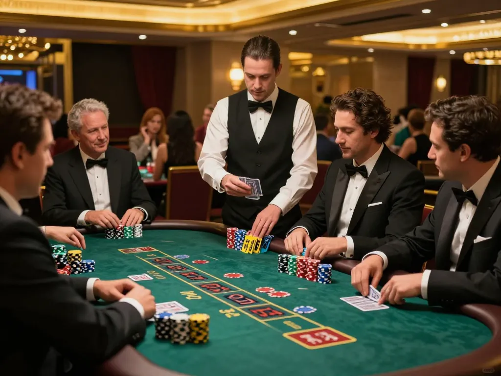 Engaging players at a blackjack table in UU88 casino, showcasing vibrant chips and strategic gameplay.