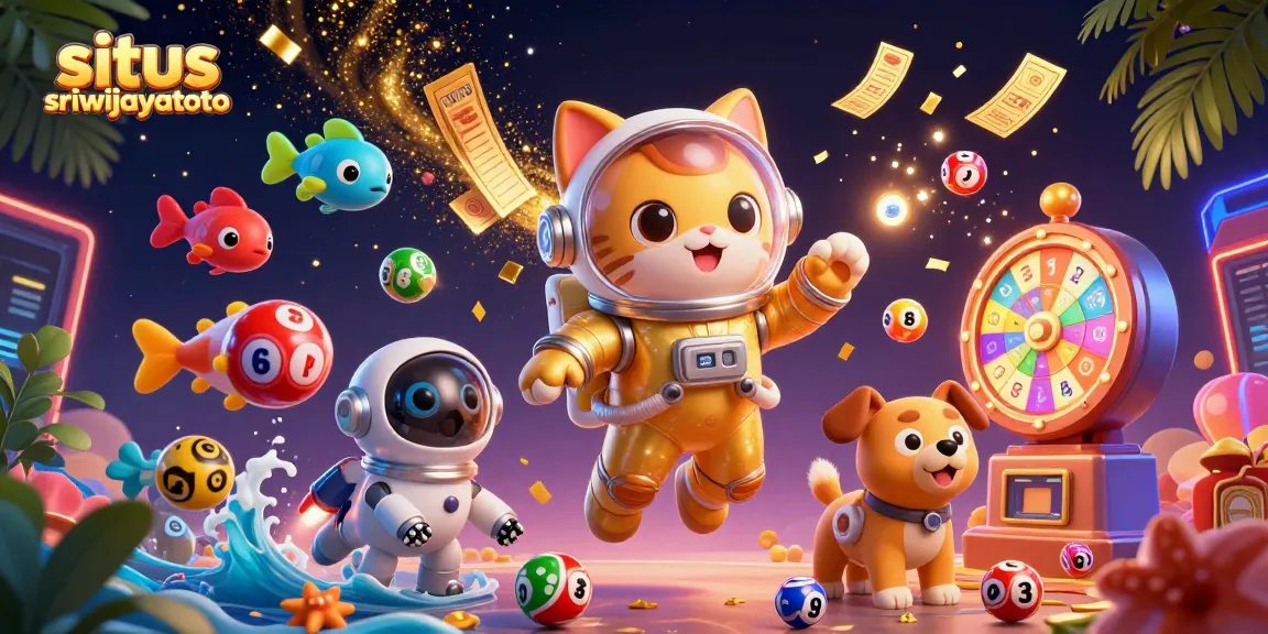Situs sriwijayatoto showcases an astronaut cat and robot dog in a vibrant lottery-themed cosmic scene.