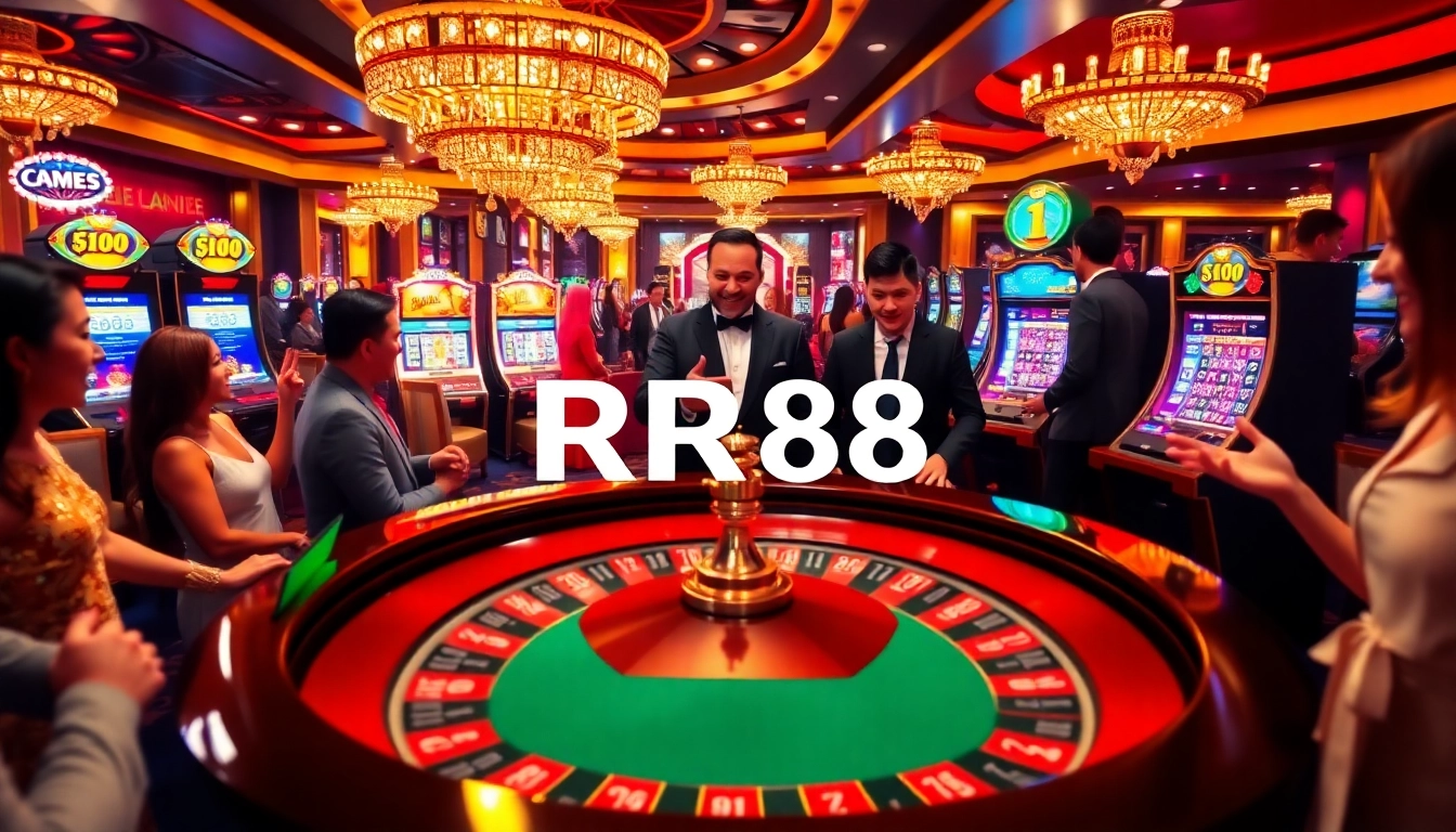 Excited players enjoying a luxurious RR88 casino scene with roulette and slots.