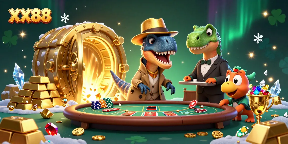 Experience thrilling gameplay at XX88 with dinosaur characters in a vibrant casino setting, rich in detail.