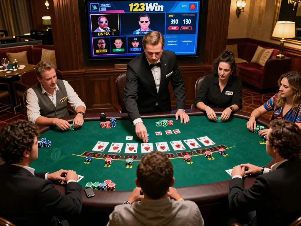 Experience the excitement of blackjack at 123Win, with players engaged and strategic gameplay unfolding
