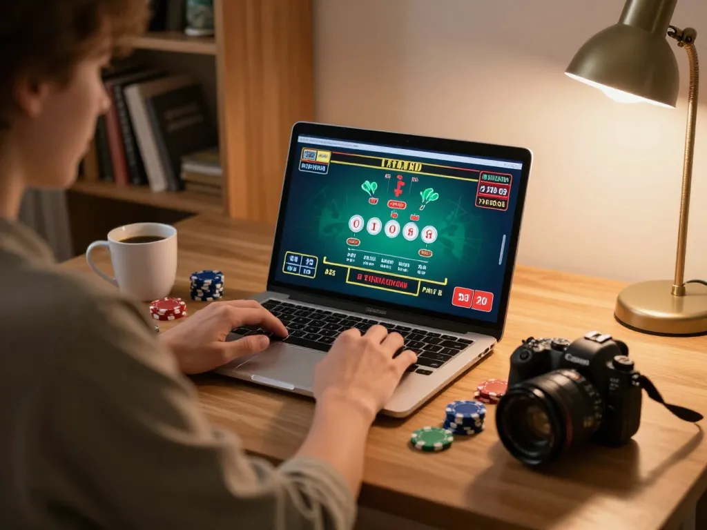 Online gambling with cm88 interface on a laptop and colorful chips in a cozy setting.