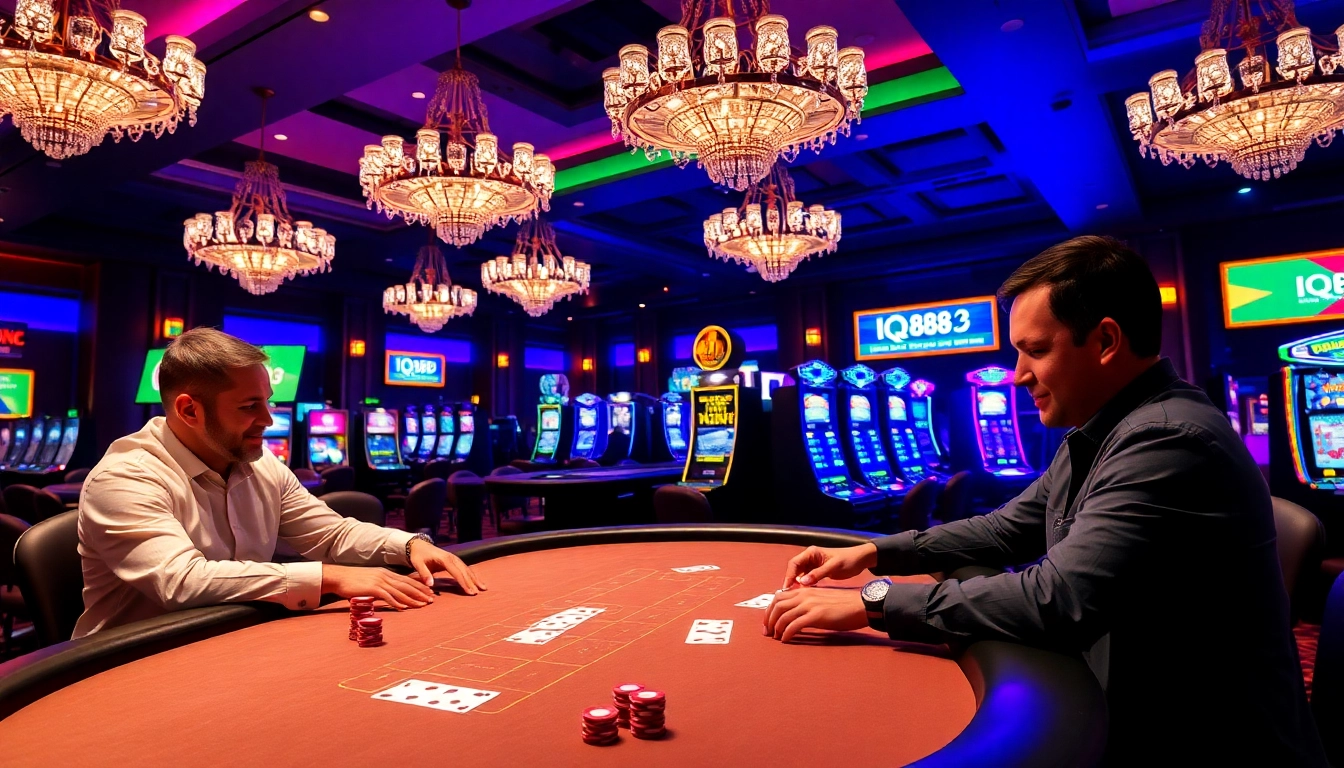 Engage in high-stakes poker action at iq88's luxurious casino with vibrant colors and modern technology.